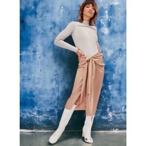 Cider Satin Tie Front Sarong Midi Wrap Look Skirt NWT 2X beige Tan